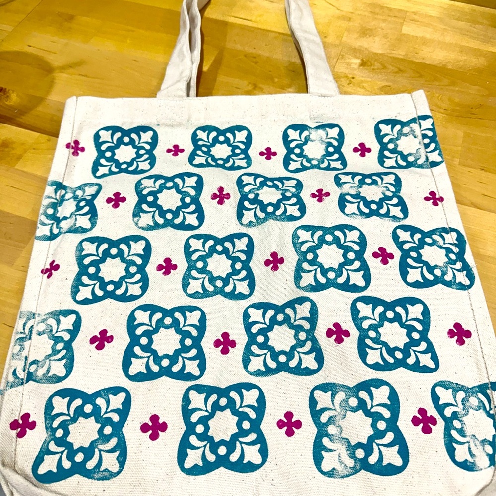 Block printed tile design canvas reusable bag